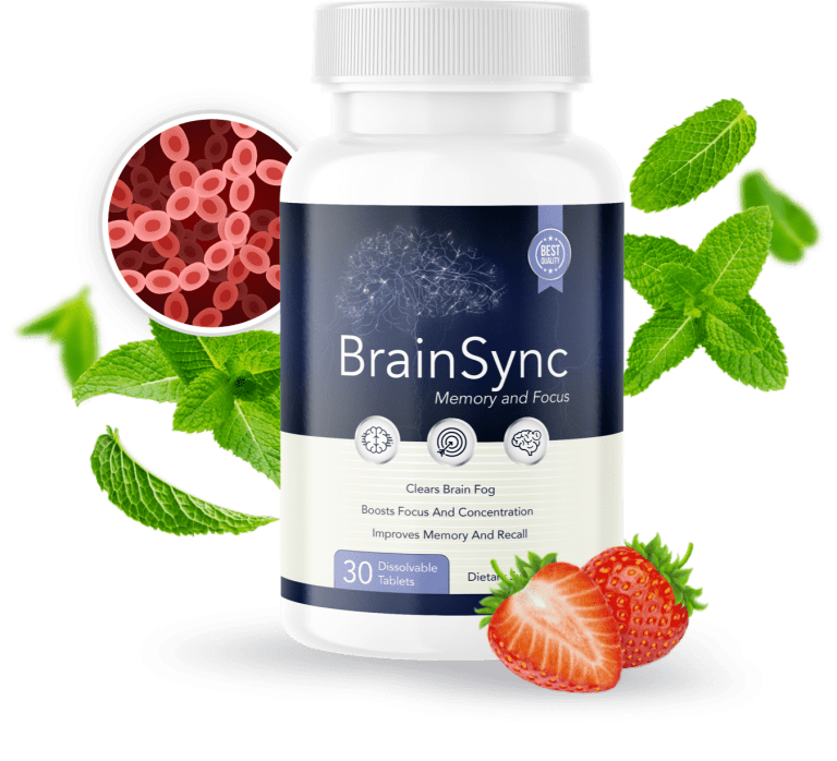 BrainSync Memory and Focus supplement bottle with 30 dissolvable tablets surrounded by mint leaves and strawberries