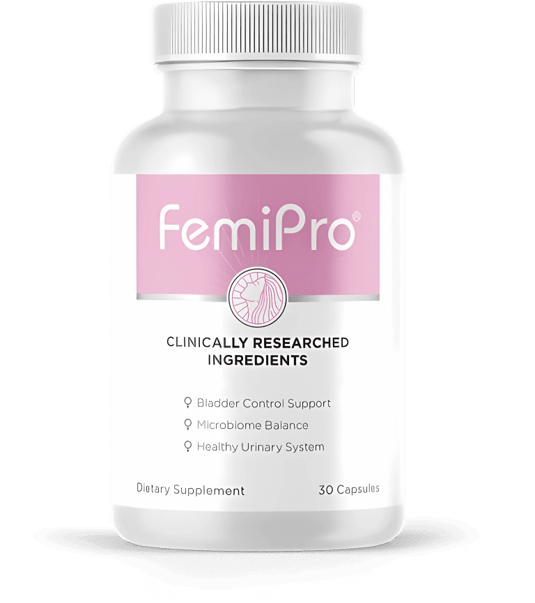 FemiPro dietary supplement bottle with 30 capsules for bladder control, microbiome balance, and urinary health support
