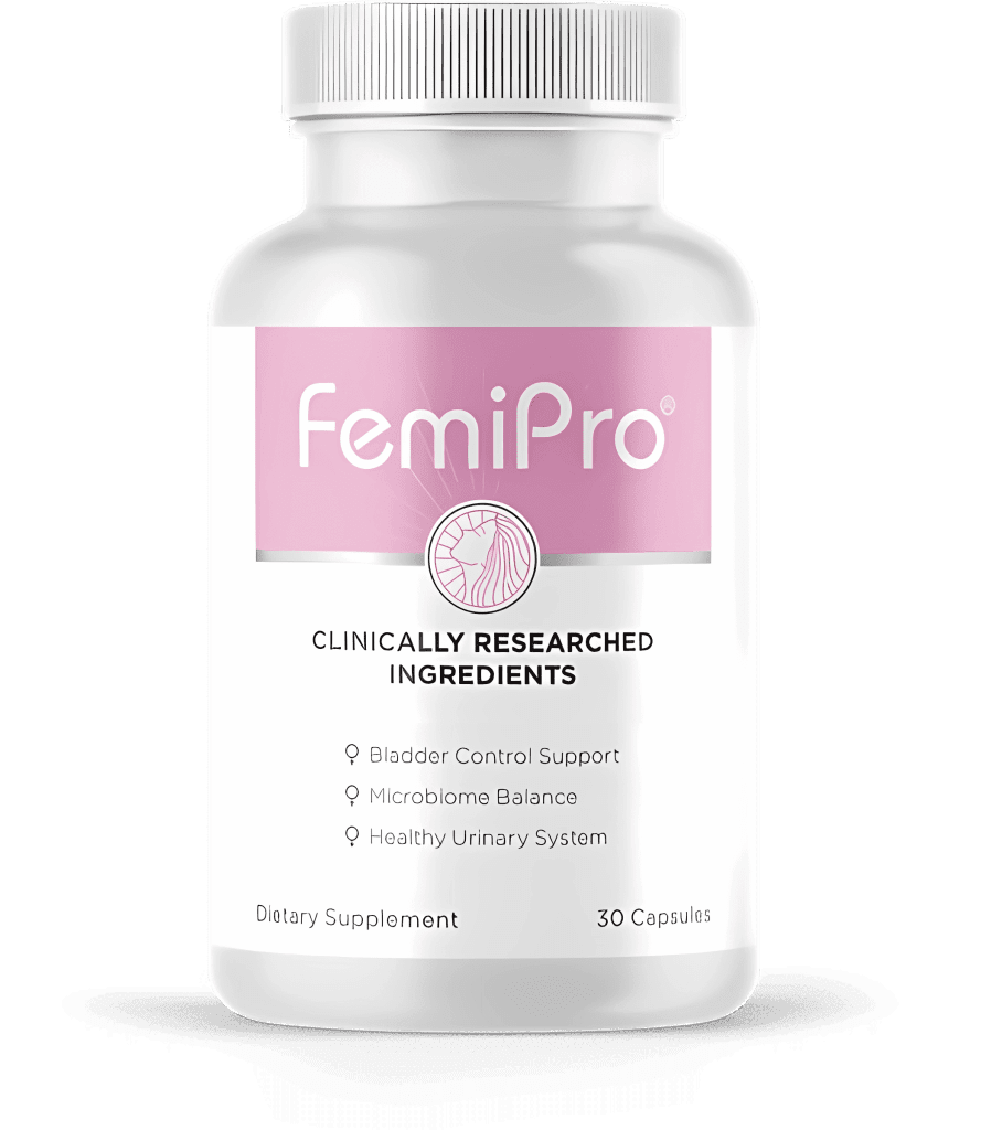 FemiPro dietary supplement bottle with 30 capsules for bladder control, microbiome balance, and urinary health support