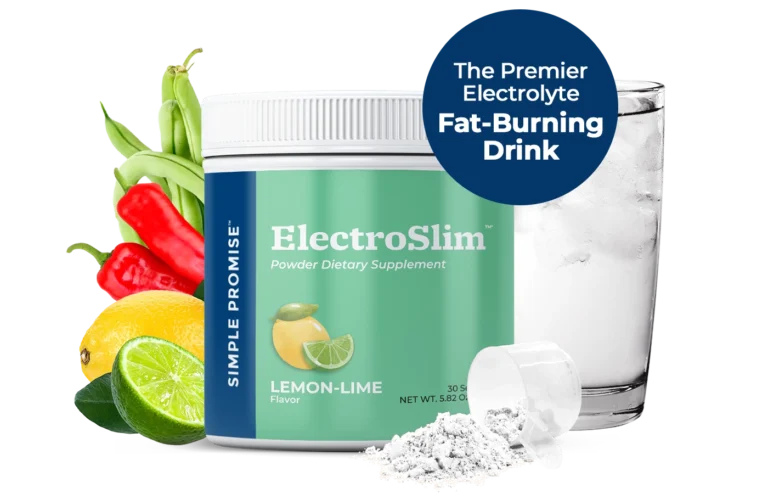 ElectroSlim lemon-lime flavored electrolyte fat-burning powder dietary supplement by Simple Promise with fresh fruits