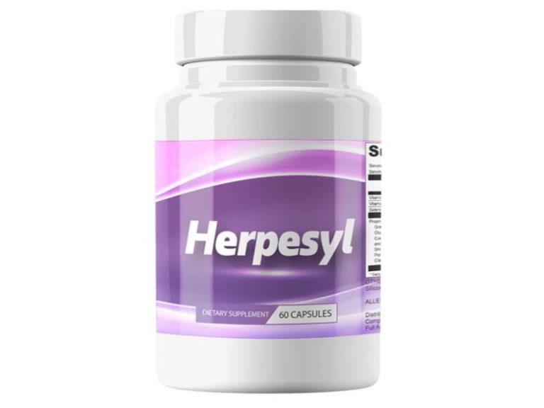 Herpesyl dietary supplement bottle with 60 capsules featuring a purple label on white background