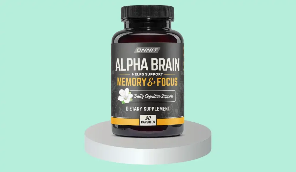 Onnit Alpha Brain dietary supplement bottle with 90 capsules supporting memory and focus daily cognitive health