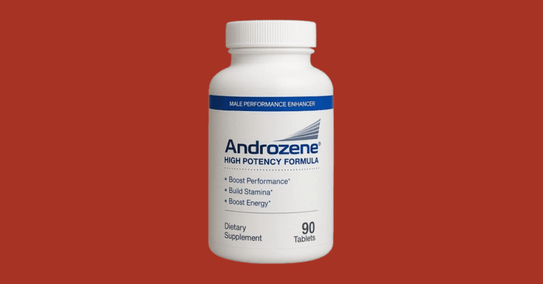 Androzene High Potency Formula male performance enhancer dietary supplement 90 tablets bottle on red background