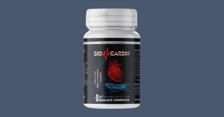 BioCardin cardiovascular supplement bottle by Biolife GmbH featuring a heart graphic on dark label