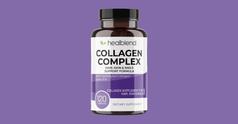 Healblend Collagen Complex supplement bottle with 120 capsules for hair, skin and nails support formula