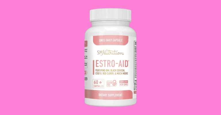 SM Nutrition Estro-Aid dietary supplement bottle with 60 capsules featuring DIM, Black Cohosh, CoQ10, and Red Clover