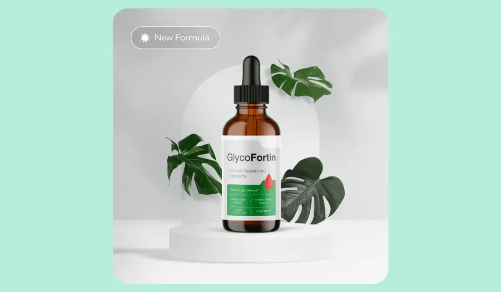 GlycoFortin new formula liquid supplement dropper bottle for blood sugar balance surrounded by tropical leaves