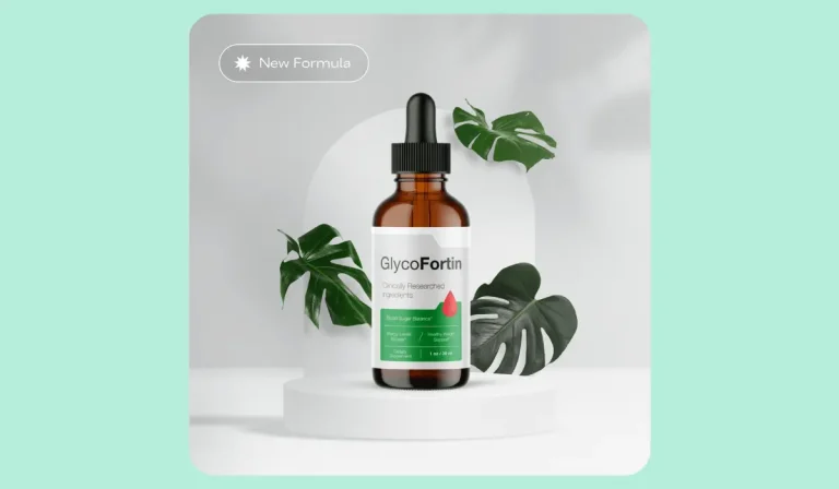 GlycoFortin new formula liquid supplement dropper bottle for blood sugar balance surrounded by tropical leaves