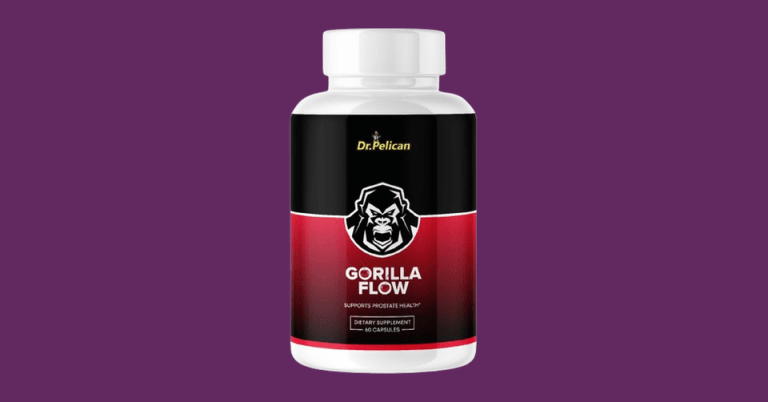Gorilla Flow prostate health dietary supplement bottle by Dr. Pelican with 60 capsules on purple background