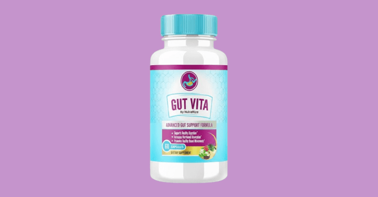 Gut Vita advanced gut support formula dietary supplement 60 capsules by NutraRize on purple background