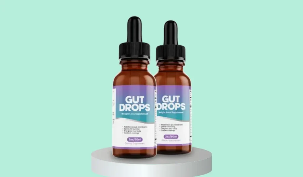 Two bottles of GutDrops weight loss supplement dietary drops in amber dropper bottles on mint green background