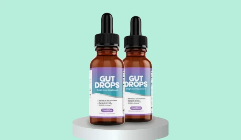 Two bottles of GutDrops weight loss supplement dietary drops in amber dropper bottles on mint green background