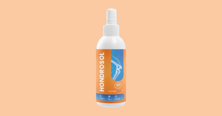 Hondrosol joint pain relief spray 100ml bottle with orange and blue label on peach background