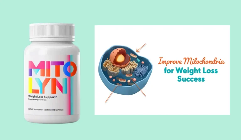 Mitolyn weight loss support supplement bottle beside a cell diagram showing how to increase mitochondria for weight loss success