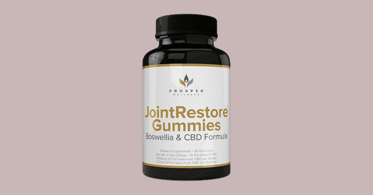 Joint Restore Gummies by Prosper Wellness featuring Boswellia and CBD formula in a black supplement bottle