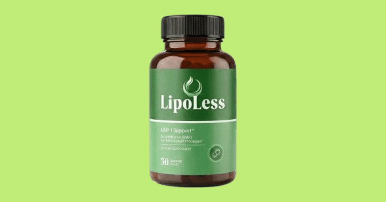 LipoLess GLP-1 support dietary supplement bottle with 30 capsules on a green background