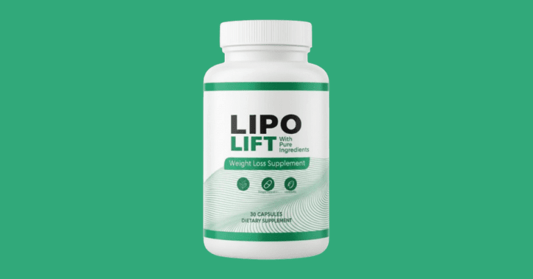 LipoLift weight loss supplement bottle with pure ingredients, 30 capsules dietary supplement on green background