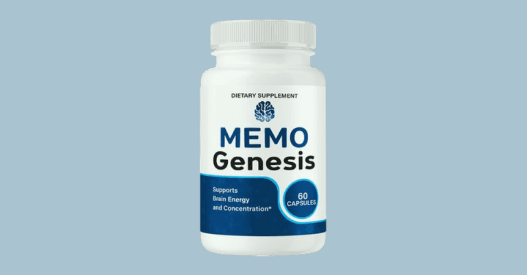 Memo Genesis dietary supplement bottle with 60 capsules supporting brain energy and concentration on blue background