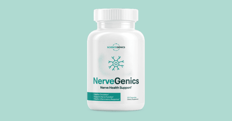 NerveGenics nerve health support dietary supplement bottle with 60 capsules by ScienceGenics on teal background