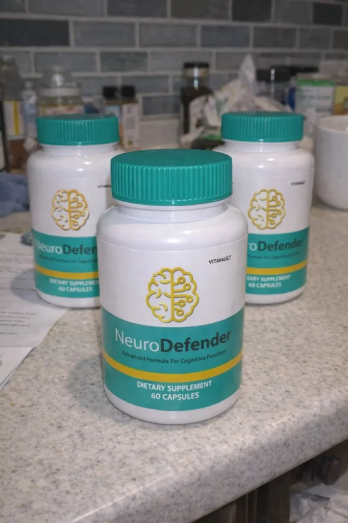 Three bottles of NeuroDefender advanced formula cognitive function dietary supplement with 60 capsules on a countertop