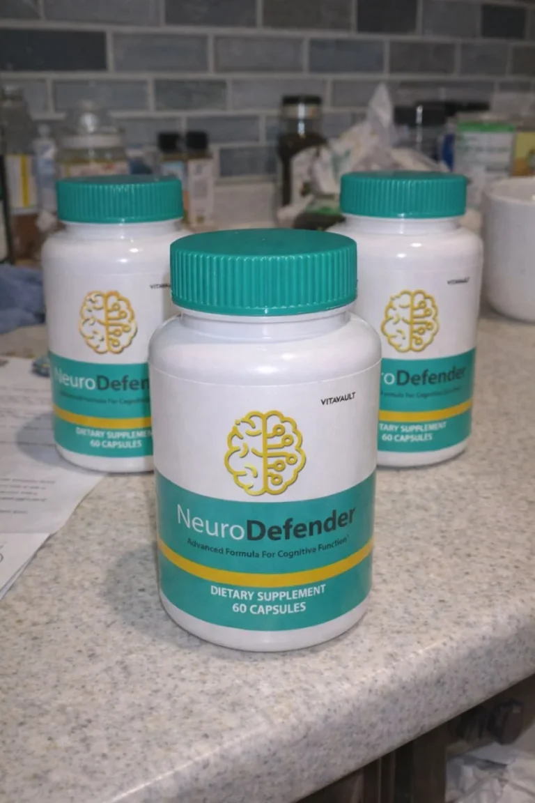 Three bottles of NeuroDefender advanced formula cognitive function dietary supplement with 60 capsules on a countertop