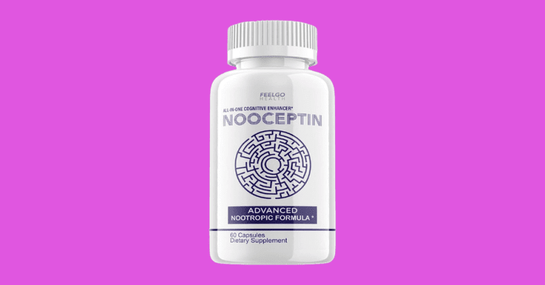 Nooceptin advanced nootropic formula 60 capsules dietary supplement bottle by Feelgo Health on pink background