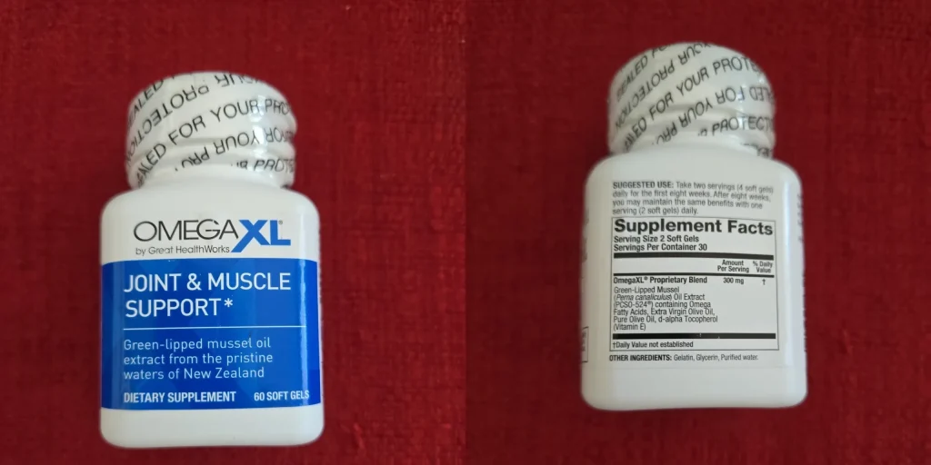 Omega XL joint and muscle support supplement bottle front and back showing ingredients and supplement facts label