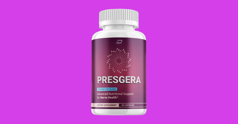 Presgera dietary supplement bottle with 60 capsules for advanced nutritional support and nerve health on purple background