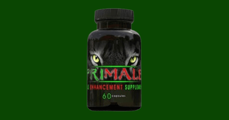 Primale male enhancement supplement bottle with 60 capsules featuring a panther design on dark green background