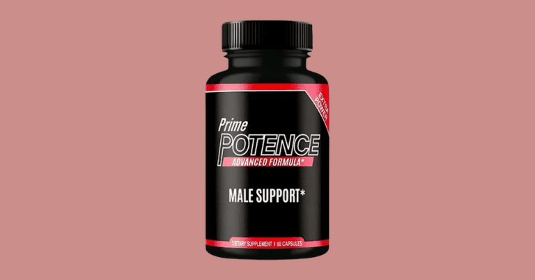Prime Potence Advanced Formula male support dietary supplement bottle with 60 capsules on pink background