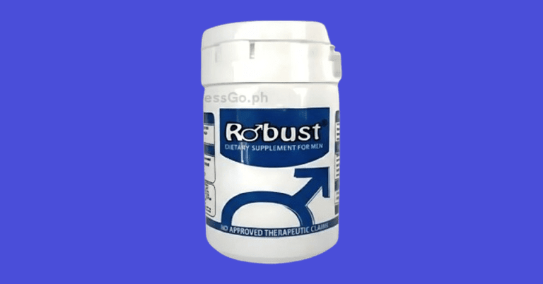 Robust dietary supplement for men white bottle with blue label and male symbol on blue background