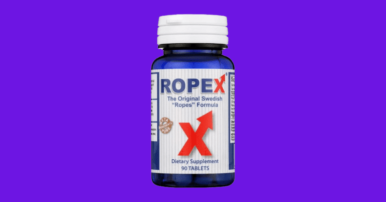 Ropex dietary supplement bottle with 90 tablets featuring the original Swedish Ropes Formula on a purple background