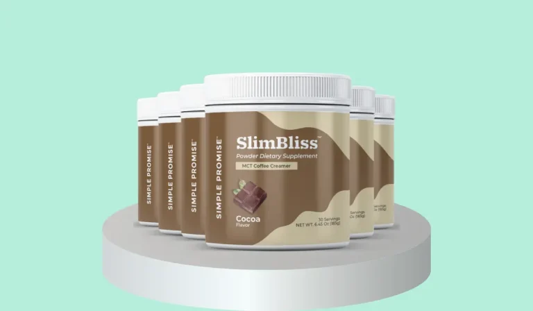 SlimBliss powder dietary supplement MCT coffee creamer cocoa flavor containers by Simple Promise displayed on platform