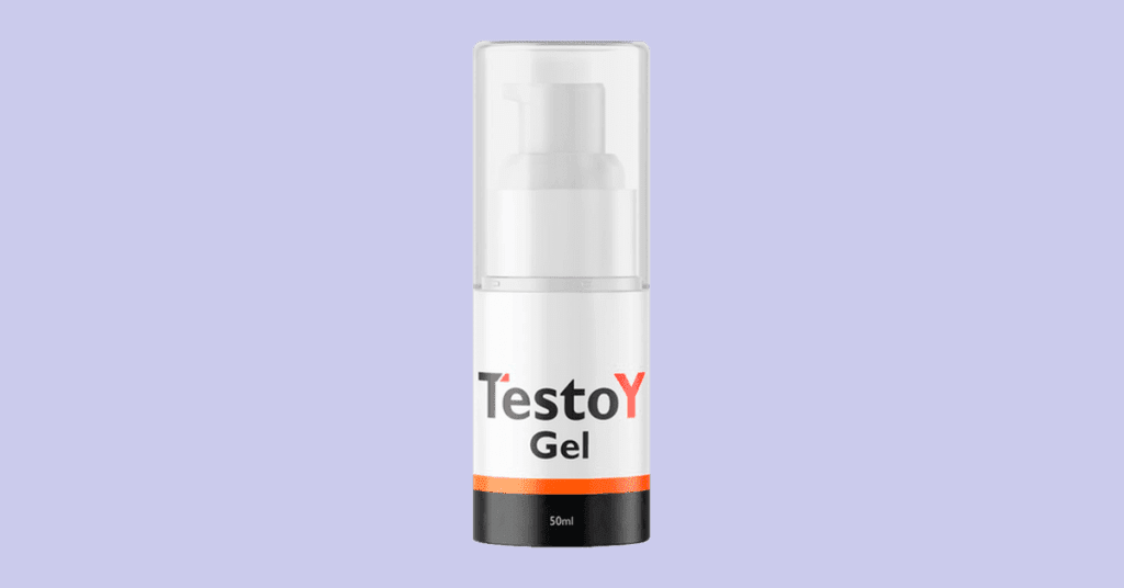 Testoy Gel 50ml pump bottle with white label on light purple background for male enhancement reviews