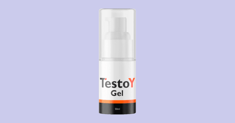 Testoy Gel 50ml pump bottle with white label on light purple background for male enhancement reviews