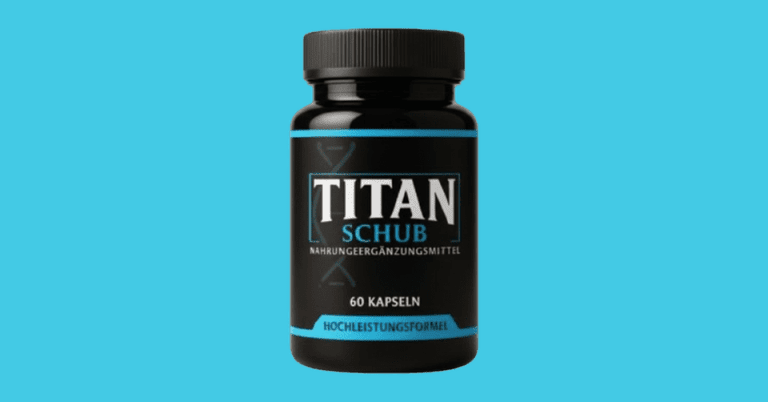 Titan Schub supplement bottle with 60 capsules high-performance formula on a blue background