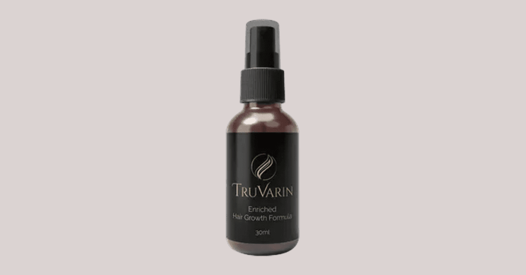 TruVarin Enriched Hair Growth Formula 30ml spray bottle with sleek black label and gold logo