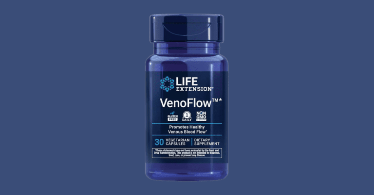 Life Extension VenoFlow dietary supplement bottle promoting healthy venous blood flow with 30 vegetarian capsules