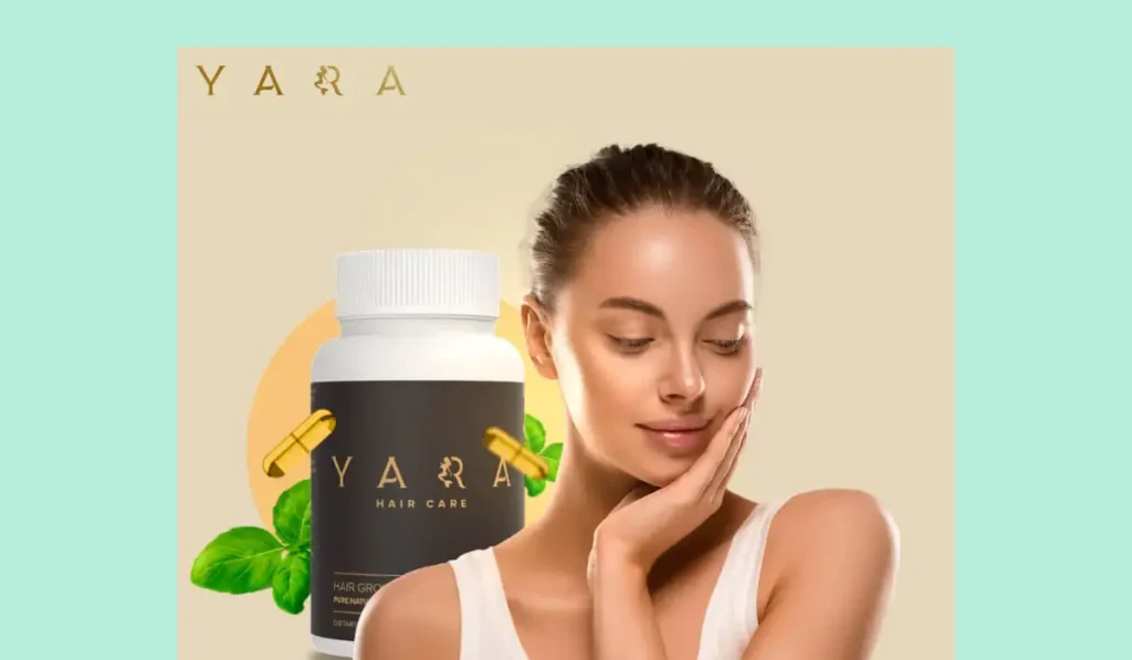 Yara Hair Growth Vitamins supplement bottle with natural ingredients beside a woman with healthy glowing skin