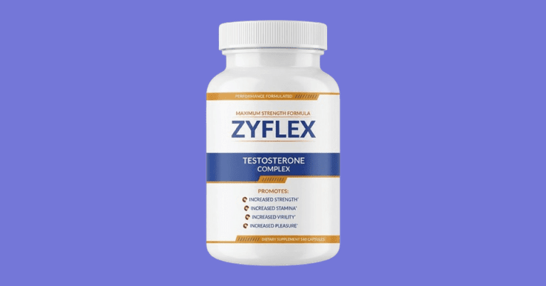 Zyflex Testosterone Complex supplement bottle promoting increased strength stamina virility and pleasure