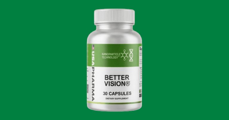 Better Vision supplement bottle by USA Pharma with 30 capsules dietary supplement on green background