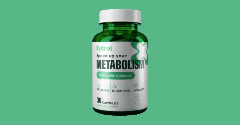 Evitrol metabolism booster supplement bottle with 30 capsules for fat burn digestion and vitality on green background
