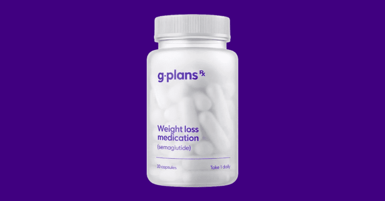 G Plans Rx weight loss medication semaglutide capsule bottle with 30 capsules take 1 daily label on purple background