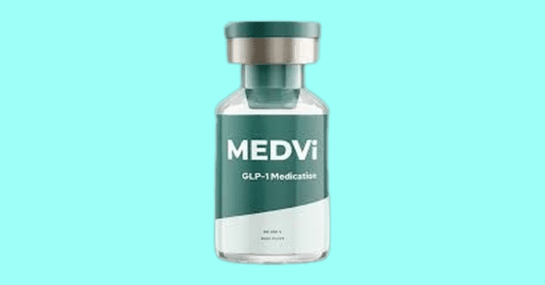 MEDVi GLP-1 medication vial with teal label on light blue background for weight loss treatment reviews