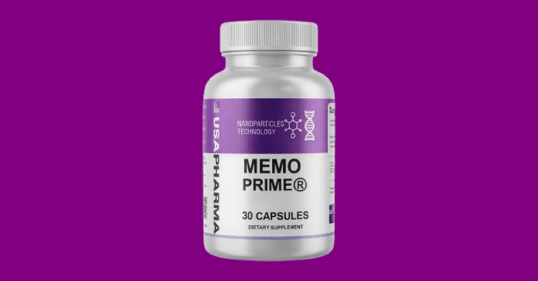 Memo Prime dietary supplement bottle with 30 capsules by USA Pharma featuring nanoparticles technology on purple background