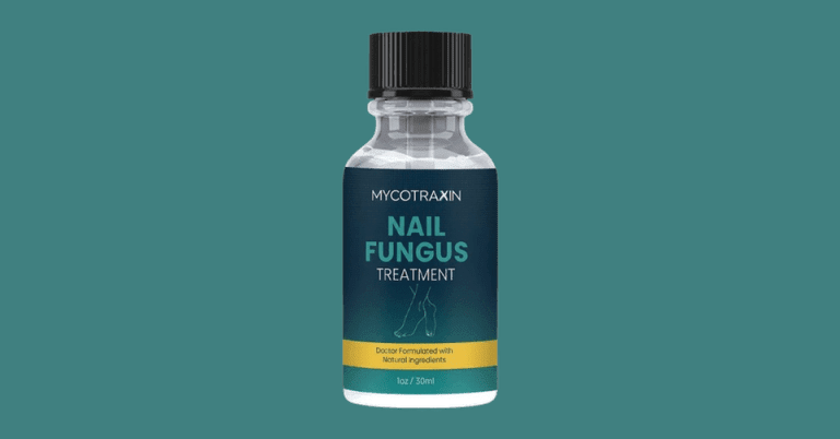 Mycotraxin nail fungus treatment 1oz bottle with natural ingredients formula on teal background