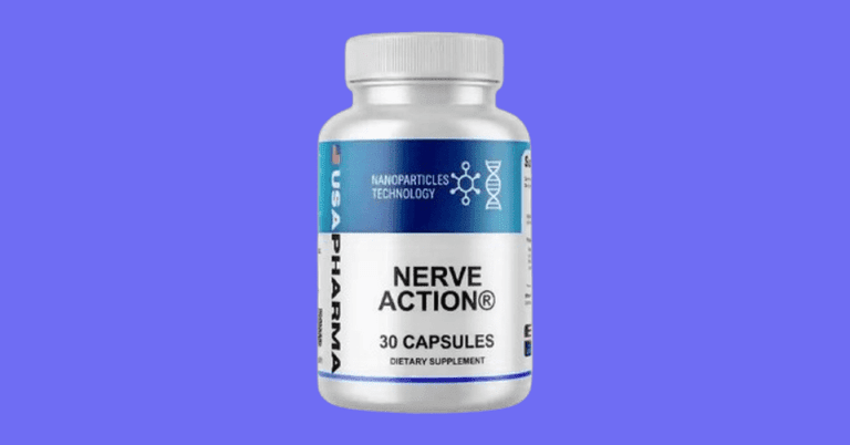 NerveAction dietary supplement bottle by USA Pharma with 30 capsules and nanoparticles technology on blue background