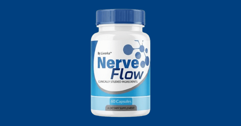 NerveFlow dietary supplement bottle by Livorka with 60 capsules and clinically studied ingredients on blue background