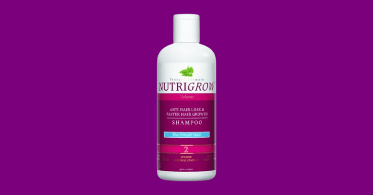 NutriGrow anti hair loss and faster hair growth shampoo bottle for greasy hair on purple background