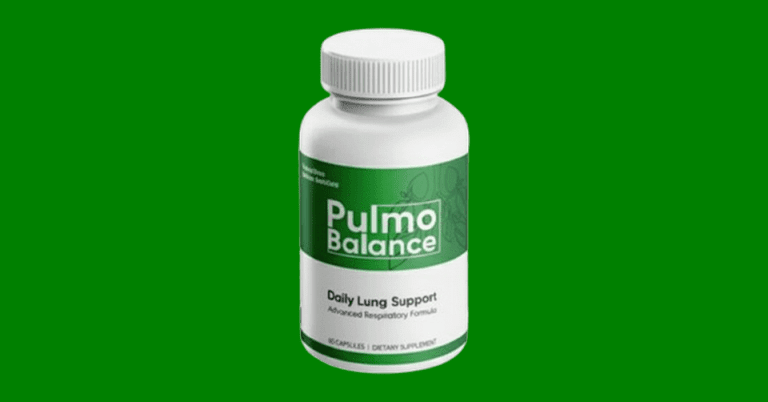 Pulmo Balance daily lung support dietary supplement bottle with advanced respiratory formula capsules on green background